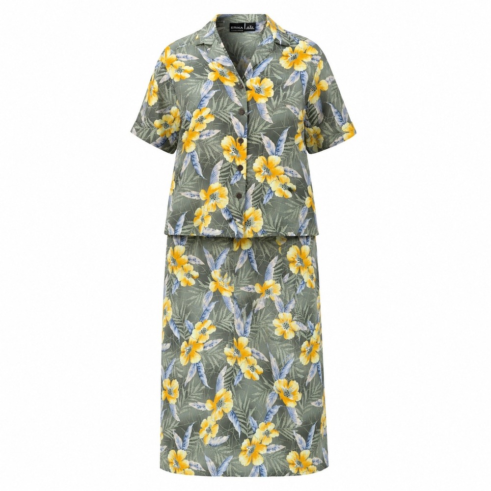 Vintage 90's Erika Woman 2 Piece Dress Set 1X Tropical Floral Rayon Green Orange